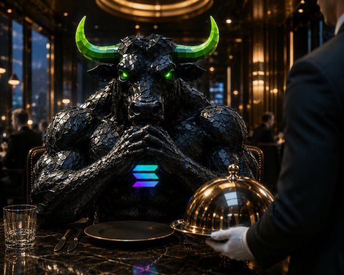 A digital rendering of a black, scaly bull-like creature with glowing green horns and eyes, sitting at a fine dining table with its hands clasped, while a waiter in a white glove presents a gold-domed platter. A blue Solana logo glows on the creature's chest.
