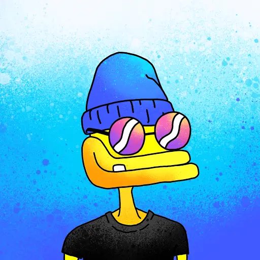 A cartoon illustration of a character with yellow skin wearing a blue beanie, pink-tinted sunglasses, and a black t-shirt against a blue splattered background.