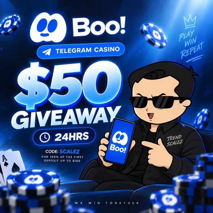 A vibrant promotional graphic for "Boo! Telegram Casino" advertising a $50 giveaway within 24 hours using code "SCALEZ" for 100% of the first deposit up to $100. The image features a cartoon character in sunglasses pointing to a phone displaying the Boo! app, surrounded by floating casino chips, playing cards, and the phrases "PLAY WIN REPEAT" and "WE WIN TOGETHER," reinforcing the giveaway announcement tied to @playbootlg.