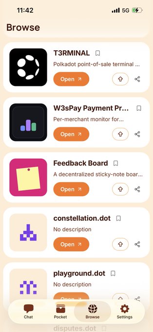 A mobile app interface displays a "Browse" page featuring various Polkadot products including T3RMINAL, W3sPay Payment, Feedback Board, constellation.dot, and playground.dot. This aligns with the post introducing Polkadot Products as a true Web3 experience, showcasing the ecosystem's diverse decentralized applications accessible through the Pocket app.