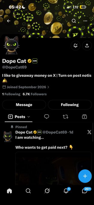 A screenshot of an X (Twitter) profile for 'Dope Cat' (@DopeCat69) with 6.7K followers, with the bio stating 'I like to giveaway money on X'.