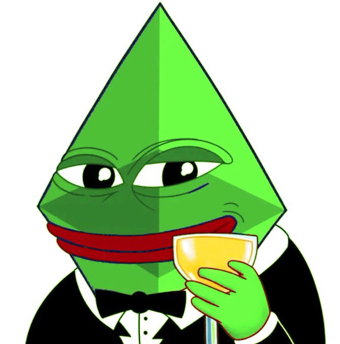 A cartoon illustration of a green diamond/pyramid character wearing a black tuxedo with a bowtie, sipping from a yellow cocktail glass.