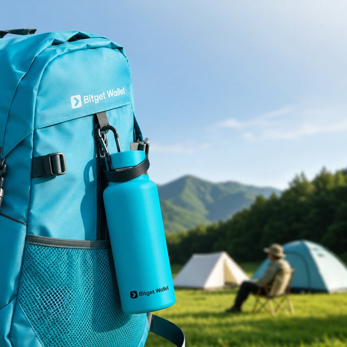 A turquoise backpack and matching water bottle branded 'Bitget Wallet' are shown in the foreground, with a campsite featuring tents and a seated person visible against a mountainous landscape in the background.