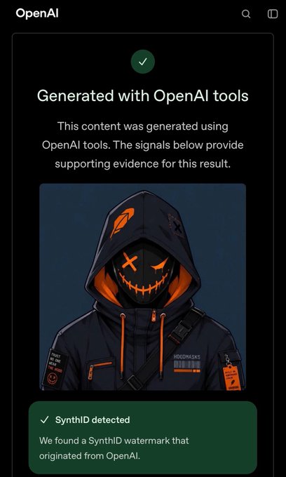 A mobile interface shows an 'OpenAI' notification stating 'Generated with OpenAI tools,' displaying a hooded character with an orange glowing mask and 'SynthID detected' indicating AI watermarking.