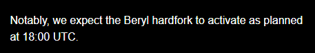 The image displays text on a black background that reads: "Notably, we expect the Beryl hardfork to activate as planned at 18:00 UTC." This directly supports the post's message, confirming that the Beryl hardfork is proceeding as scheduled, aligning with the celebratory "we are so back" sentiment about the chain's successful operation.