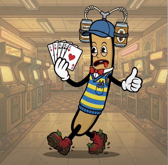 A cartoonish beer character wearing a blue cap with two cans labeled "BRUE," a striped sweater vest, and a bowtie holds four aces (Ace, King, King, King of hearts) while giving a thumbs-up in a retro arcade, fitting the giveaway post's playful gambling and casino aesthetic. The post is from "@BigD_team" promoting a 3x GTD spota giveaway with entry requirements to follow "@Yemihq," like, repost, tag friends, and drop their wallet.