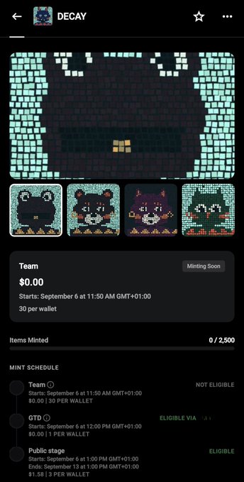 A mobile screenshot of an NFT collection called 'DECAY' showing pixel-art character thumbnails with minting schedule details, including 'Team $0.00' starting 'September 6 at 11:50 AM GMT+01:00' and '0/2,500 Items Minted'.