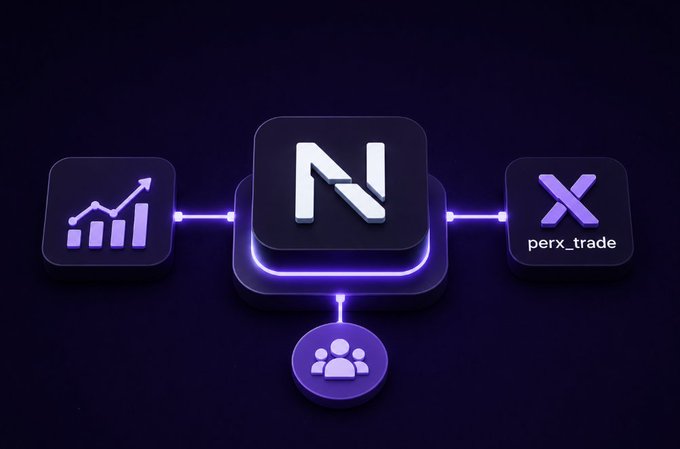 A digital graphic shows app icons connected by glowing purple lines, featuring a chart icon, a central 'N' logo, a 'perx_trade' icon with an X, and a users/group icon below.