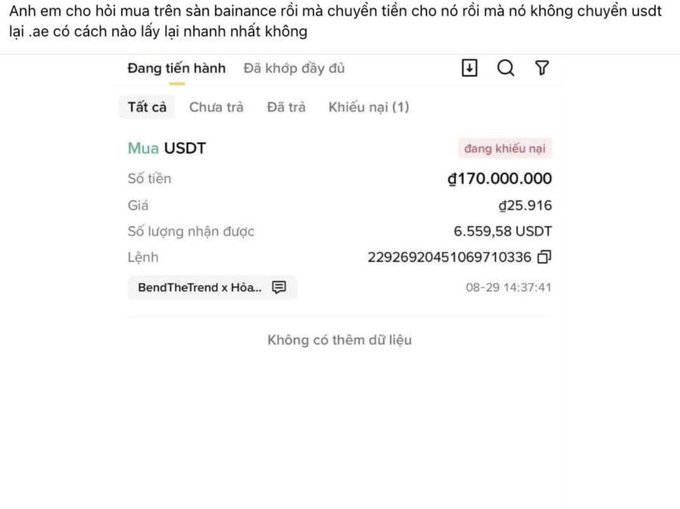 A screenshot of a Binance cryptocurrency exchange interface showing a USDT purchase order for ₫170,000,000 (6,559.58 USDT) with Vietnamese text asking about a delayed USDT transfer.