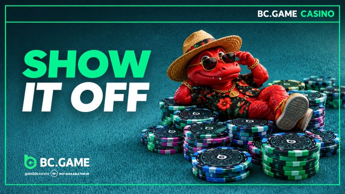 A 'BC.GAME CASINO' advertisement banner featuring a red lizard character in a straw hat and sunglasses lounging on a pile of poker chips with the text 'SHOW IT OFF'.
