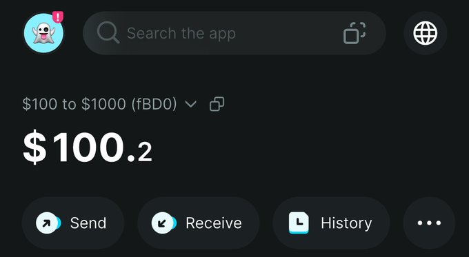 Screenshot of a Phantom crypto wallet app interface showing a balance of $100.2, with a $100 to $1000 (fBDO) price range indicator and Send/Receive/History buttons.
