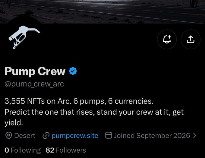 A verified Twitter/X profile for "Pump Crew" (@pump_crew_arc) with 82 followers and a gas pump logo, displaying the bio "3,555 NFTs on Arc. 6 pumps, 6 currencies. Predict the one that rises, stand your crew at it, get yield," which matches the accompanying post highlighting the project's 3,555 NFT supply and FX-based prediction game mechanics on the Arc chain.