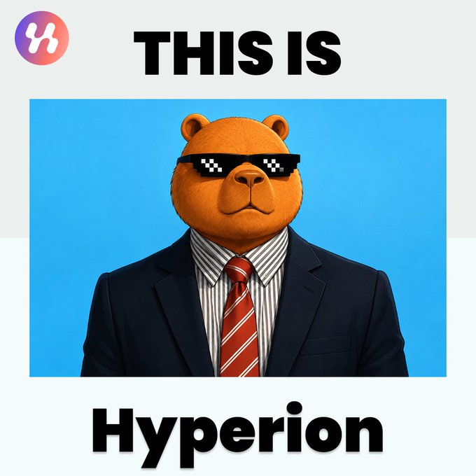 The image features a cartoon bear wearing sunglasses, glasses, and a suit with a tie. The caption reads "This is Hyperion Your weekly recap with the top news: May 25 - June 1 ... x.com/hyperion_xyz/s". This suggests that the image is related to a Hyperion trading platform or news site, possibly discussing Hyperion's performance in the cryptocurrency market during a specific period of time.