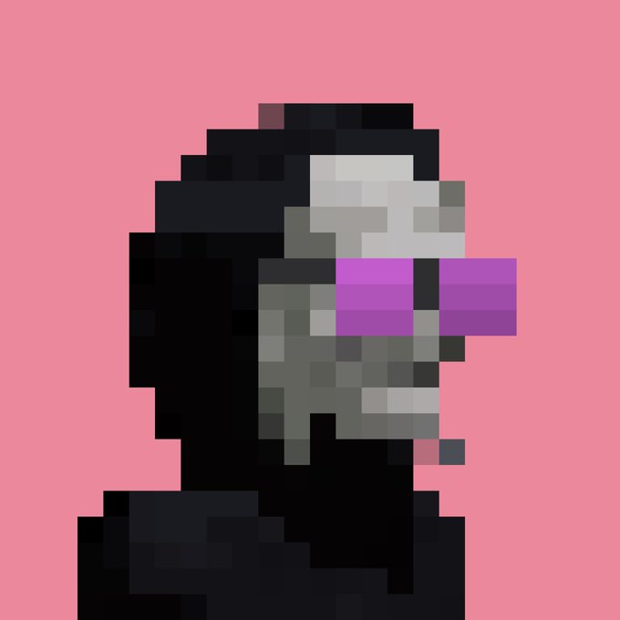 A low-resolution pixel art rendering of a hooded skull-like face with glowing purple eyes against a pink background, visually representing the "death cloak" mentioned in the post, likely as an NFT collectible from the "argonauts" collection.