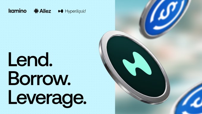 A promotional banner for Kamino, Allez, and Hyperliquid featuring floating coin tokens and the tagline "Lend. Borrow. Leverage." The image visually supports the post's announcement of using HYPE as collateral to access USDC liquidity for borrowing, lending, and leveraging on a fully isolated Kamino market.