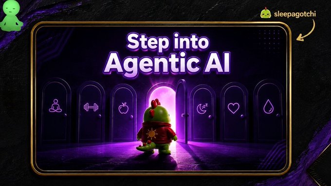 A digital illustration promoting "Step into Agentic AI" by sleepagotchi, featuring a cute green character in a red hoodie standing before glowing doorways, each marked with different icons.