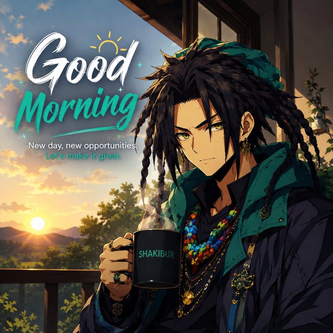 An anime-style 'Good Morning' illustration showing a male character with dark dreadlocks, green eyes, and colorful beaded jewelry holding a black mug labeled 'SHAKIBUR' against a sunset backdrop.