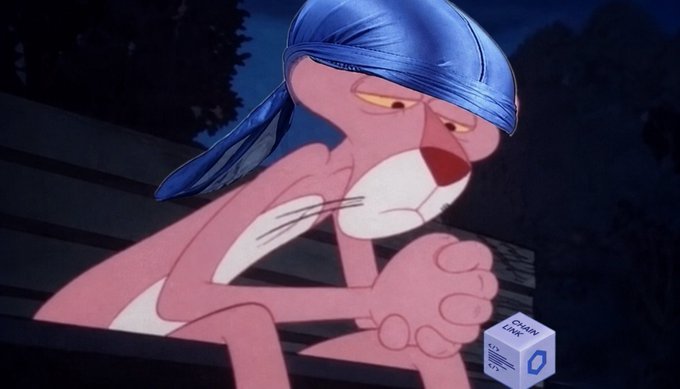 An animated scene shows the Pink Panther wearing a blue silk durag with a sorrowful expression, sitting with clasped hands, with a small 'ChainLink' box visible to the side.