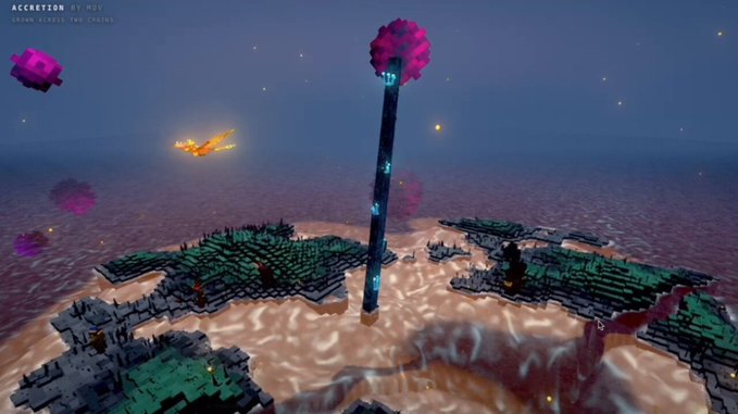 A 3D rendered video game scene titled 'ACCRETION BY MDV' with the subtitle 'GROWN ACROSS TWO CHAINS,' featuring a floating island with voxel terrain, green grass blocks, and a central spire topped by a large pink flower-like object against a starry sky.