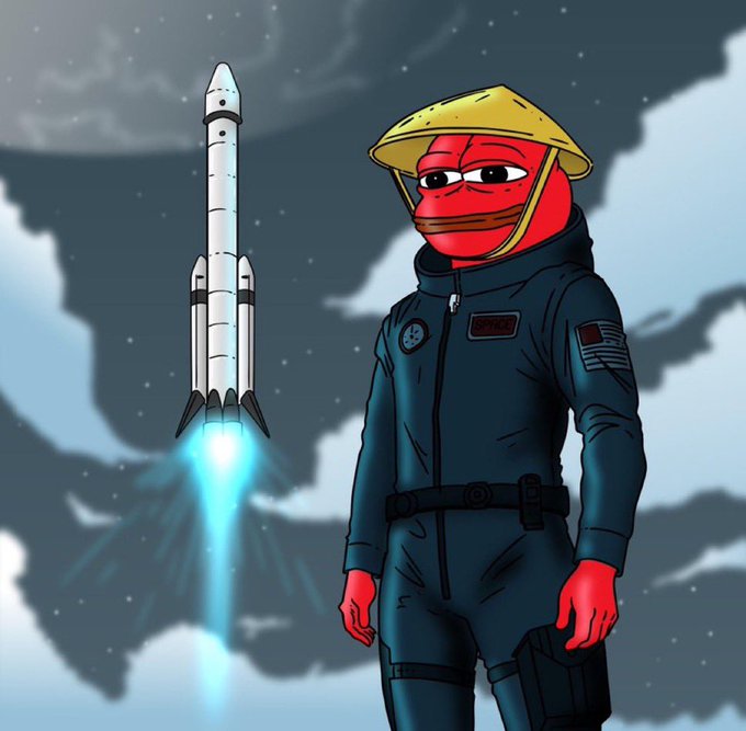 A digital illustration depicts a red Pepe the Frog character wearing an astronaut suit and a taco-shaped helmet, standing beside a launching rocket against a starry night sky.