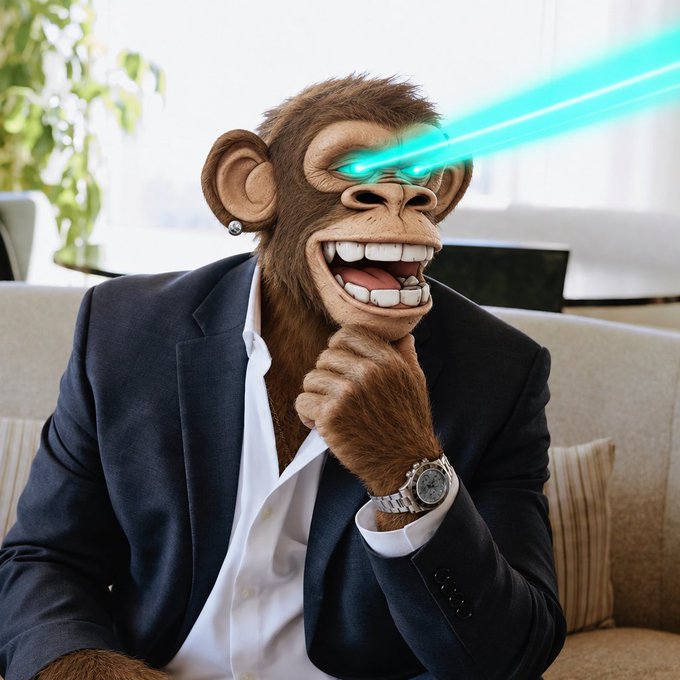 A humorous composite image features a chimpanzee dressed in a dark business suit and white shirt, accessorized with an earring and a luxury wristwatch, posing thoughtfully while shooting bright cyan laser beams from its glowing eyes.