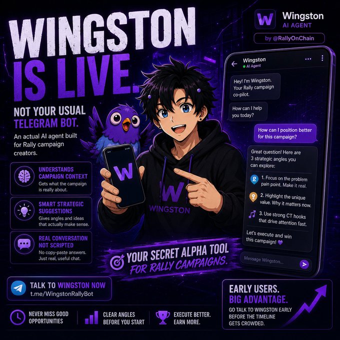 A promotional poster for 'Wingston,' an AI agent built for Rally campaign creators, featuring an anime-style character with a purple bird and Telegram chat interface at t.me/WingstonRallyBot.