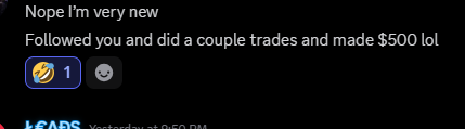 A black screenshot showing text reading 'Nope I'm very new / Followed you and did a couple trades and made $500 lol' with coin icons and a 'LEADS Yesterday at 9:50 PM' label at the bottom.