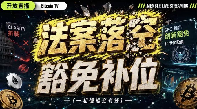 A Chinese-language Bitcoin TV live stream thumbnail with bold text reading '法案落空 豁免补位' and references to SEC推出创新豁免代币化股票, with a SubLabel '一起慢慢变有钱'.