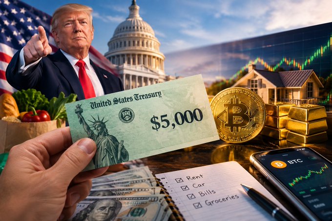 An AI-generated political illustration showing Donald Trump pointing forward beside the US Capitol, with a hand holding a $5,000 US Treasury check, a Bitcoin coin, gold bars, a house, and a checklist (Rent, Car, Bills, Groceries).