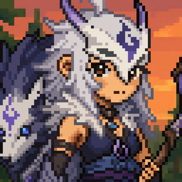 A pixel art illustration of a guardian-like character with flowing white and purple hair against a sunset backdrop, symbolizing the "guardian" mentioned in the post who has welcomed most Quivers, with the few remaining stragglers depicted as still making their way through the scene.