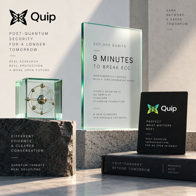 A product/promotional image for 'Quip' post-quantum security featuring glass display blocks with text including '9 MINUTES TO BREAK ECC', '500,000 QUBITS', and mentions of Google Quantum AI, UC Berkeley, Stanford, and Ethereum Foundation, alongside a book titled 'Cryptography Beyond Tomorrow'.