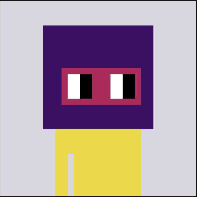 A simple pixel-art style character with a purple square head, red blocky glasses with white and black eyes, and a yellow body.