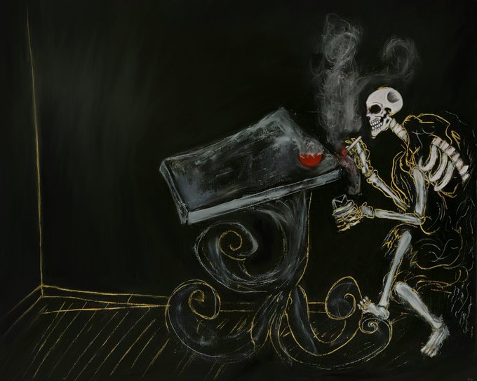 A dark, gothic painting depicting a skeleton smoking a cigarette at an ornate, swirling table with a glass of red wine, set against a black background.