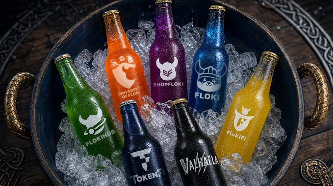 The image features a bowl filled with ice, containing six colorful beer bottles arranged in two rows of three. The bottles are labeled "FLOKI", "VANHALA", and "TOKEN" in white text against their respective colors. The background is dark brown, providing a contrast to the vibrant colors of the beer bottles.