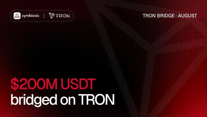 A promotional graphic with a triangular logo background announces "$200M USDT bridged on TRON," crediting Symbiosis and TRON as partners, with "TRON BRIDGE · AUGUST" noted in the corner. The image directly visualizes the post's claim that $200M USDT was bridged on the TRON network via Symbiosis within the last 30 days.