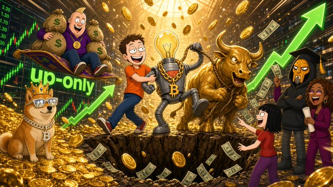 A vibrant cartoon-style illustration depicts cryptocurrency-themed characters including a man on money bags, a figure holding a Bitcoin-themed trophy, a golden bull, a Dogecoin dog, and others against a backdrop of rising green arrows and stock charts.