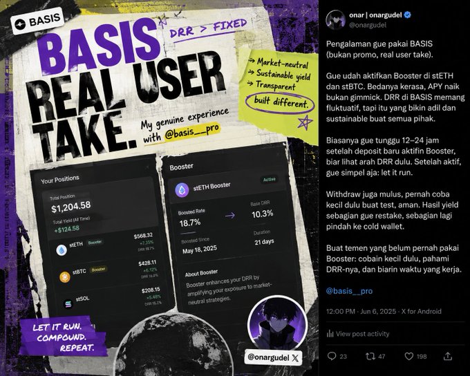 A promotional Twitter/X post by user @onargudel showcasing their experience using BASIS as a 'Real User Take,' highlighting features like 'Market-neutral,' 'Sustainable yield,' and 'Transparent' with stats showing an $1,204.58 total position.
