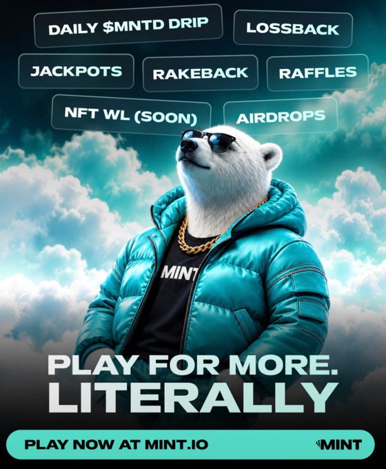Promotional graphic featuring a white bear mascot in sunglasses and a teal puffer jacket with a gold chain, advertising MINT with text including 'DAILY $MNTD DRIP', 'LOSSBACK', 'JACKPOTS', 'RAKEBACK', 'RAFFLES', 'NFT WL (SOON)', 'AIRDROPS', 'PLAY FOR MORE. LITERALLY', and 'PLAY NOW AT MINT.IO'.