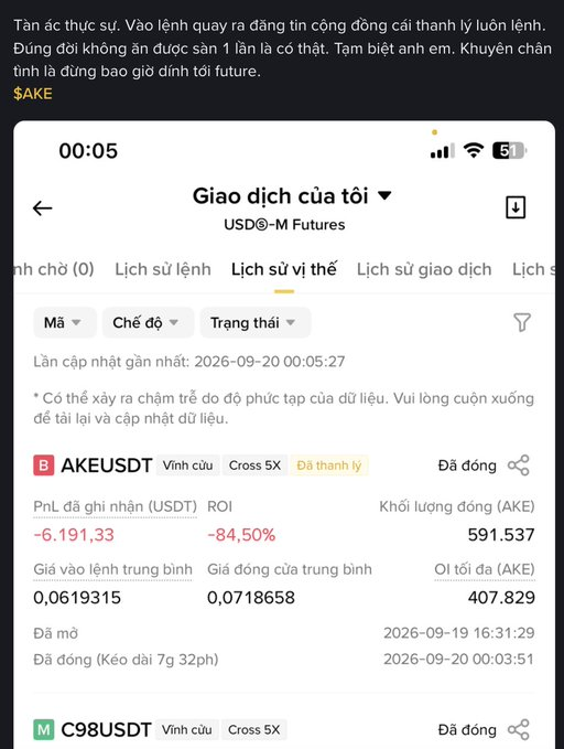 A Vietnamese trading app screenshot showing a futures position closure on AKEUSDT with an $84.50% loss and PnL of -6,191.33 USDT, accompanied by Vietnamese text about closing the position.