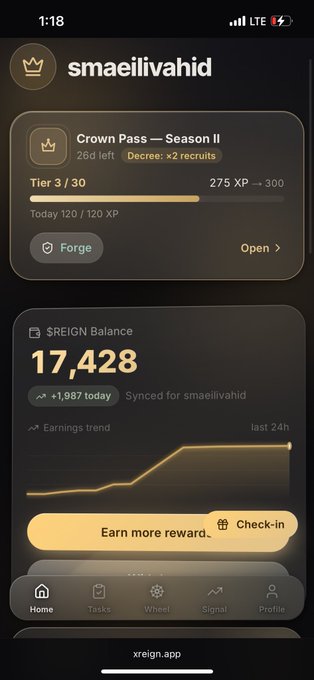 A smartphone screenshot of the xreign.app showing a 'Crown Pass—Season II' Tier 3/30 progress and a '$REIGN Balance' of 17,428 for user smaeiivahid.