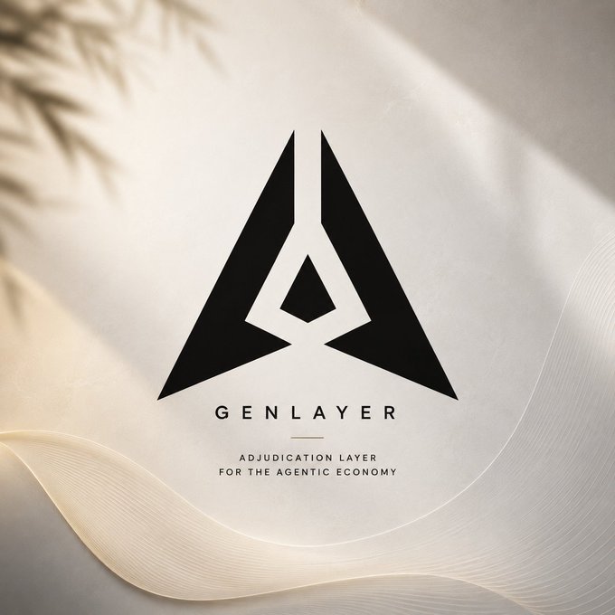 A minimalist logo design for 'GENLAYER' featuring a stylized black 'A' emblem, with the tagline 'ADJUDICATION LAYER FOR THE AGENTIC ECONOMY' displayed against a soft beige background.