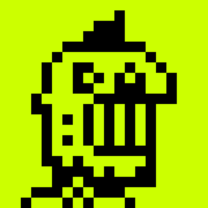 A pixelated black graphic of a hooded figure appears on a bright yellow-green background, serving as digital artwork for an NFT. The pixel-art character relates to the post as a visual representation of the "OnChainHoodie" NFT collection the user acquired through Robinhood's OnChain platform.