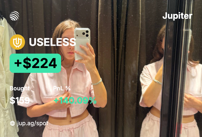 A mirror selfie of a woman holding a phone, overlaid with Jupiter exchange branding showing a position in USELESS token with +$224 profit, +140.00% PnL, bought at $159.