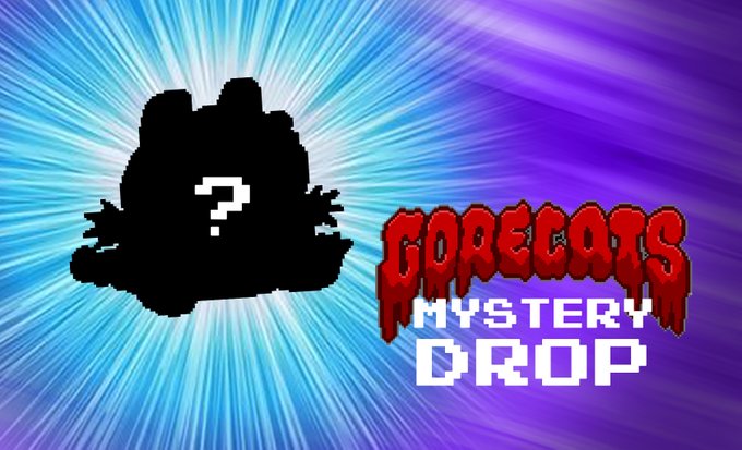 A promotional graphic with a black silhouette of a cat and a question mark against a purple speed-line background, reading 'GORECATS MYSTERY DROP'.