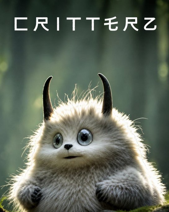 A fluffy cartoon-style creature with small horns and large expressive eyes sitting in a forest setting, with stylized text 'CRITTERZ' displayed at the top.