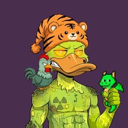 Illustration of a green radioactive figure wearing a yellow hazmat suit and duck mask, holding a rooster and a small green creature, with a tiger hat on top.