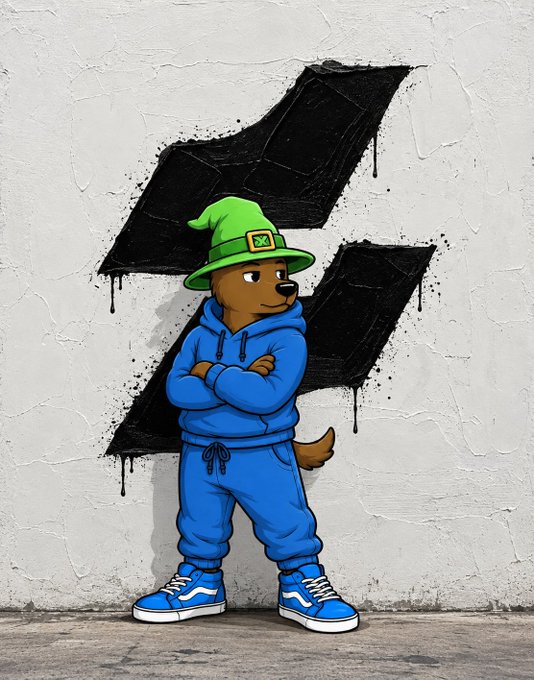 A street art illustration of an anthropomorphic brown dog wearing a blue hoodie, blue pants, blue sneakers, and a green pointed hat with an 'X' buckle, standing with arms crossed in front of a white wall marked with a black graffiti-style 'Z'.