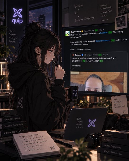 An anime-style illustration of a young woman with long dark hair working at a desk with a laptop, with a screen displaying tweets from @quipNetwork about Bitcoin, AI, and quantum computing, and notes referencing 'Different Domains, A Bigger Future' and 'quip'.