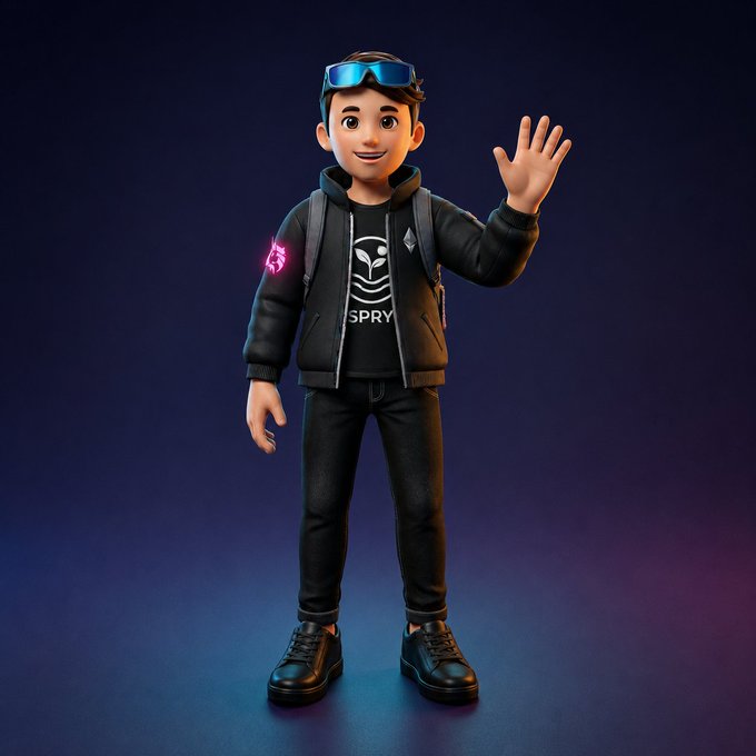The image features a 3D rendering of a young man wearing sunglasses, a backpack, and a black jacket with "Spry" written across his chest. He has one hand raised in a friendly wave while the other hand is resting on his hip. The background is dark blue, which contrasts with the figure's attire and adds depth to the scene. The post includes text that reads: "Hi, I'M Ori" and "Our journey started with an idea built on Uniswap V2, and with hooks, it's reaching its full potential. Proud to have had @UniswapFND and @AtriumAcademy alongside us on this journey."