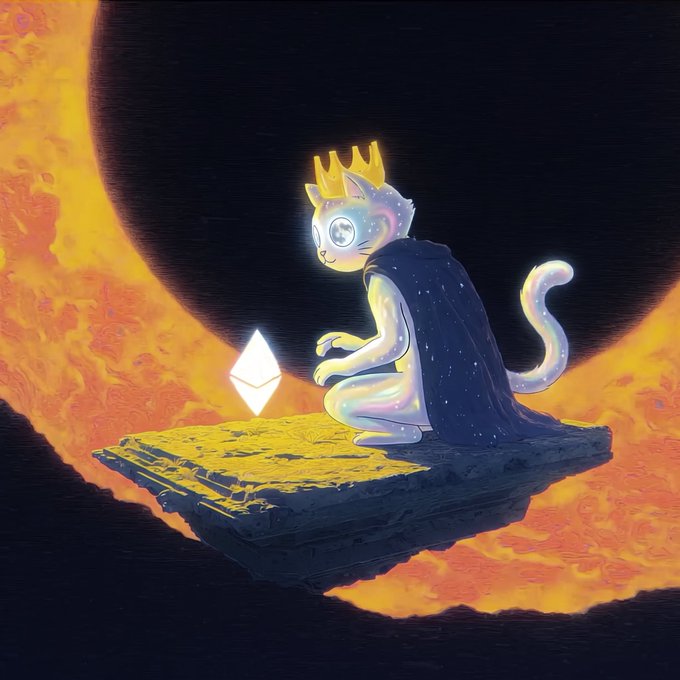 A digital illustration of a crowned, glowing cat wearing a dark cloak, kneeling on a floating stone platform before a glowing Ethereum logo, set against a fiery cosmic background.